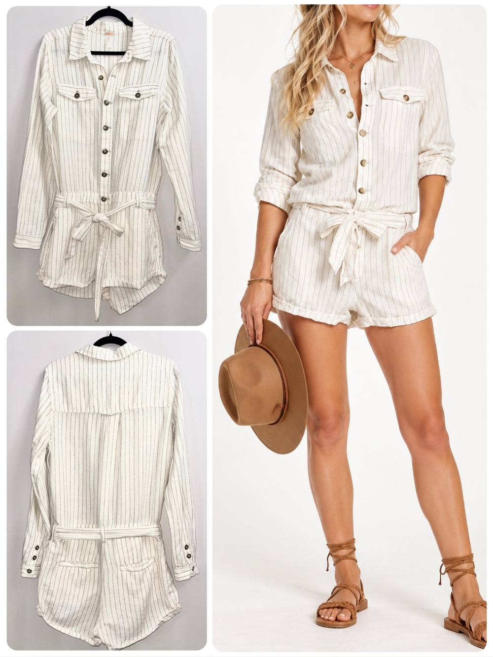Free People Striped Linen Blend Long Sleeve Yarn Dyed Romper Cream Size Medium